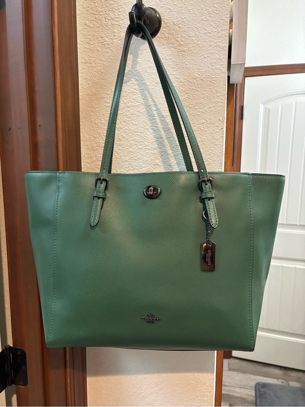 Coach Green Leather Tote with Turnlock and Charm